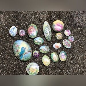18 Hand Painted Cameos Vintage Jewelry Arts Crafts, Flowers Floral Bird